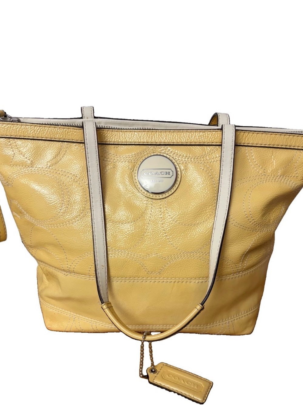 Coach Yellow Leather Tote with Contrast Trim and Medallion
